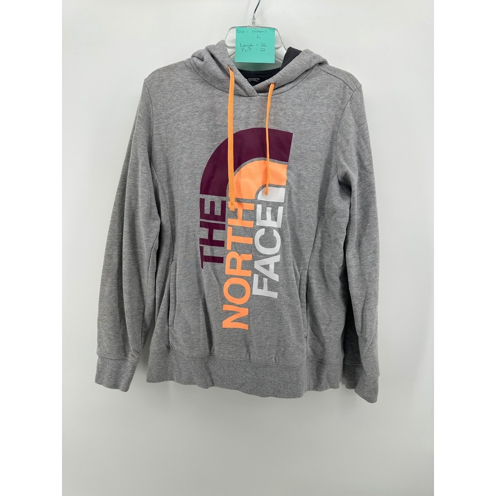 The North Face Womens Gray Vertical Graphic Logo Pullover‎ Hoodie Size Large L